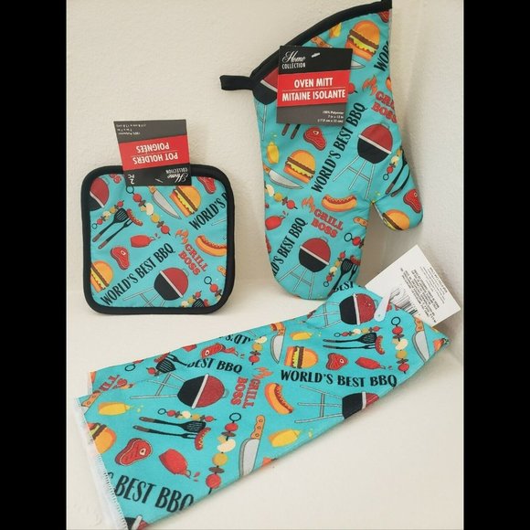New Oven Mitt Kitchen Towel Pot Holders 4 Piece BBQ Home Decor